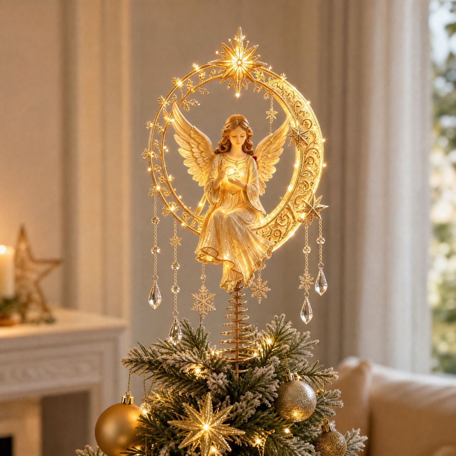 Tsll Tree Christmas Tree Topper with Golden Crescent Moon & Angel Design, LED ...
