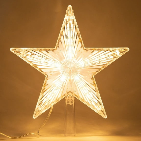 Christmas Tree Topper with LED Light,Clear Five-Pointed Star Tree Topper Plug in for Xmas New Year Lighted Christmas Tree Decoration
