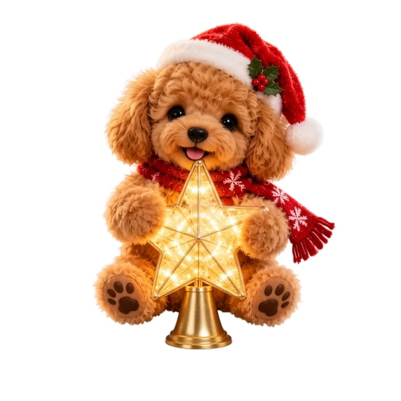 Christmas Tree Topper with Light Up Star and Plush Brown Puppy, Red Hat and Scarf for Holiday Home Display