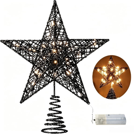 Christmas Tree Toppers Glitter, Black Glittered Tree Top Metal Hollow ...