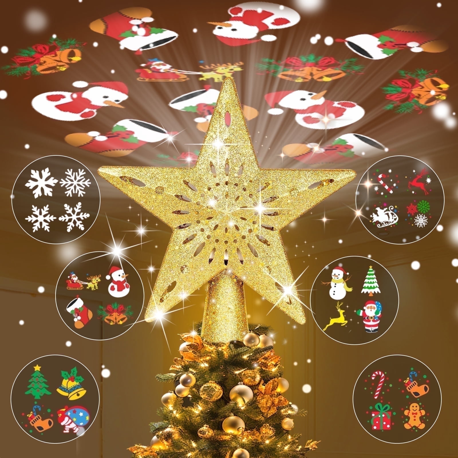 Christmas Tree Toppers with 6 Projection Modes, Christmas Star Tree Topper with Built-in LED Rotating Lights, Golden 3D Glitter Projection for Xmas