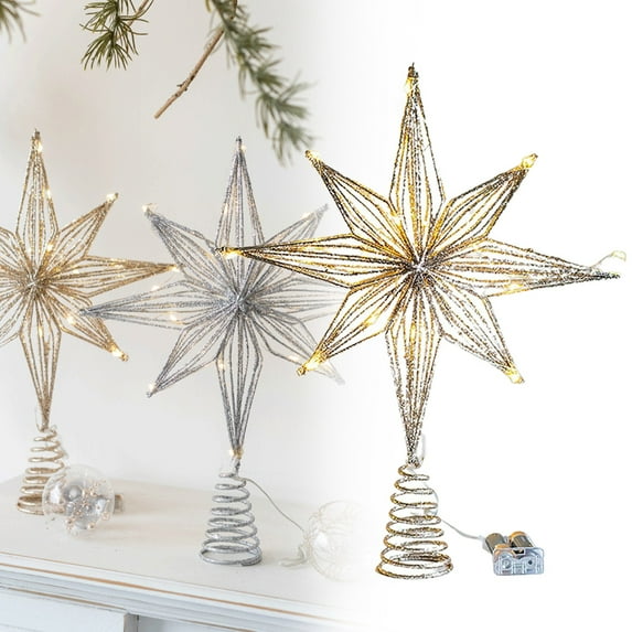 Christmas Tree Toppers Star LED Light Lamps Home Christmas Decorations for Tree Ornaments New Year 2025 Festival/ Five-Pointed Star Decorative Pendant 25Cm Champagne Octagonal Star with Light