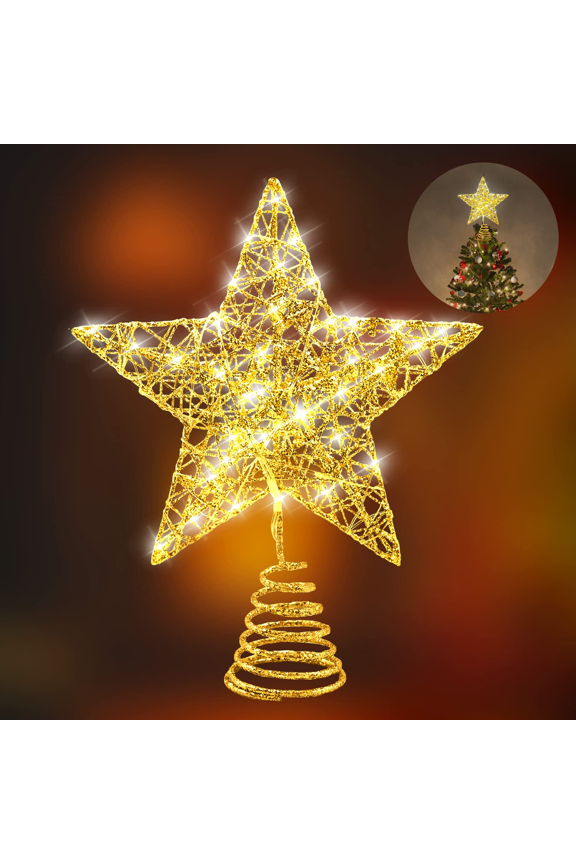 Christmas Tree Toppers, Star Tree Toppers Metal Design Glittered Tree-top Star, 30 LED Lights Christmas Tree Topper Star for Christmas Home Decoration (Golden)