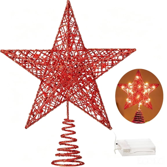 Christmas Tree Toppers Xmas,Glitter Tree Toppers with Lighted for Christmas Tree Decorations,Red Christmas Tree Topper Star (10 inch,Battery Powered)