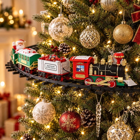 Christmas Tree Train Set with Lights Music and Moving Train on Circular Track for Indoor Christmas Tree Display Living Room Holiday Decorations