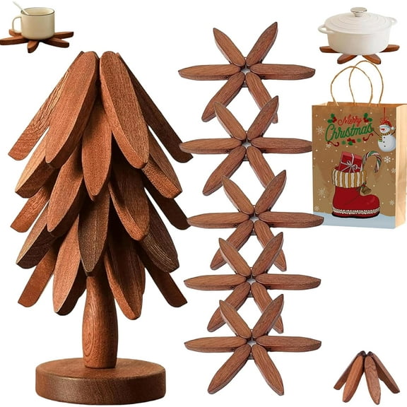 Christmas Tree,Tree Trivet Set,Natural Tree Trivet Set,Walnut Wood Tree Trivet Set, Natural Tree Trivet Set - 4 Wooden Trivets & 1 Stand Like a Christmas, Foldable Kitchen Wooden