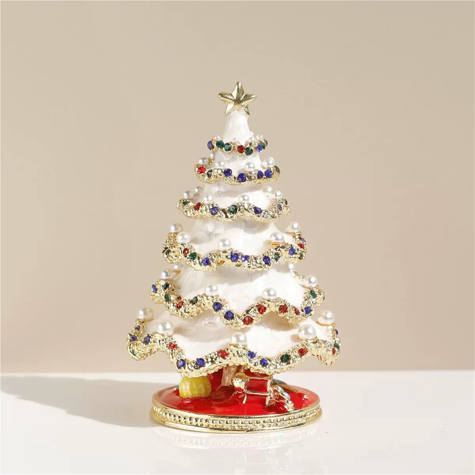 Christmas Tree Trinket Box Jewelry Hand Painted Enameled Vintage Decorative Hinged Jewelry Trinket