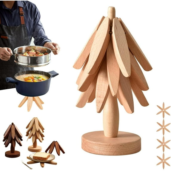 Christmas Tree Trivet, Christmas Tree Trivet Set, Foldable Trees Shape Trivets Set with Stand, 4 Walnut Wood Trivets + Storage Rack, Heat Resistant Pot Holders for Kitchen (Natural Wood, Three-Piece)