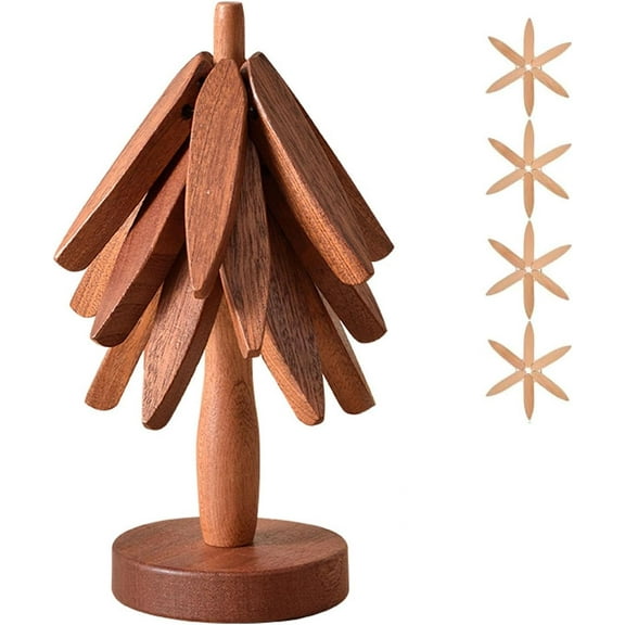Christmas Tree Trivet, Christmas Tree Trivet Set, Foldable Trees Shape Trivets Set with Stand, 4 Walnut Wood Trivets + Storage Rack, Heat Resistant Pot Holders for Kitchen (Walnut, Three-Piece)