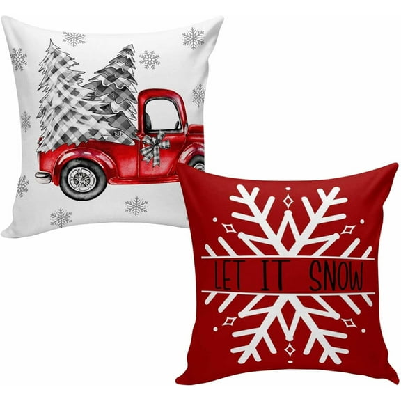Christmas Tree Truck Decorations Pillow Covers 18x18 Set of 2, Cotton Linen Reversible Throw Pillows Covers for Outdoor Couch Sofa Living Room, Buffalo Plaid Snowflake Couch Pillows Cushion Cover