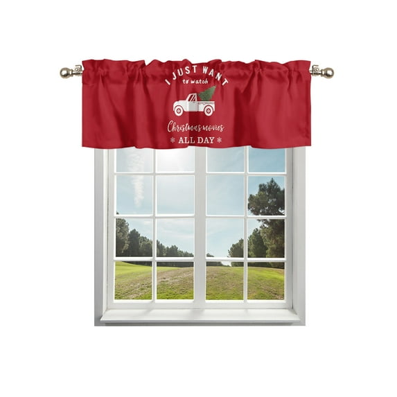 Christmas Tree Truck Red Background Kitchen Curtain Valances for Windows Farmhouse Short Curtains, Rod Pocket Valance Curtain for Bedroom Cafe Living Room 42"x12"