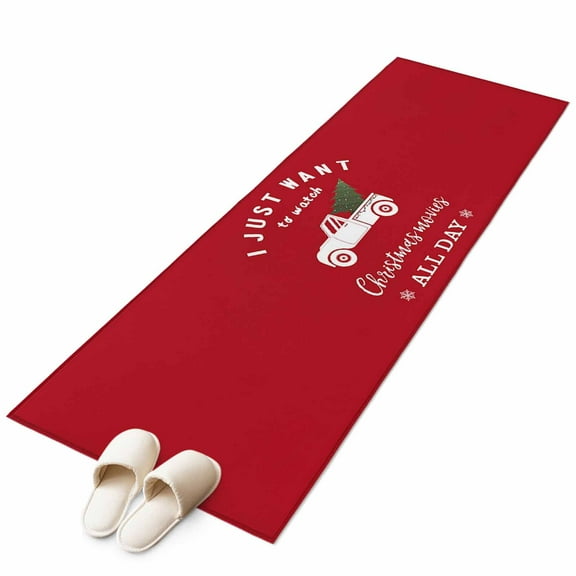 Christmas Tree Truck Red Background Runner Rug 2x6 FT, Non Slip Hallway Carpet, Washable Soft Floor Carpet Non-Shedding Throw Runner Carpet Long Rug for Entryway Kitchen Bedside Sliding Door