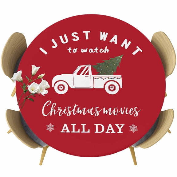 Christmas Tree Truck Red Background Table Cloth, Round Fitted Tablecloths with Elastic Edge, Wipeable Waterproof Table Cover for Kitchen Wedding 55-60 Inches