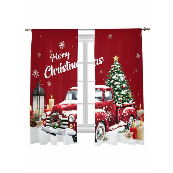 Christmas Tree Truck Sheer Curtains 72 Inch Long 2 Panels, Winter Candle Snowflakes Red Light Filtering Rod Pocket Semi Sheer Curtains, Sheer Voile Drapes for Living Room Bedroom, 52"x72"