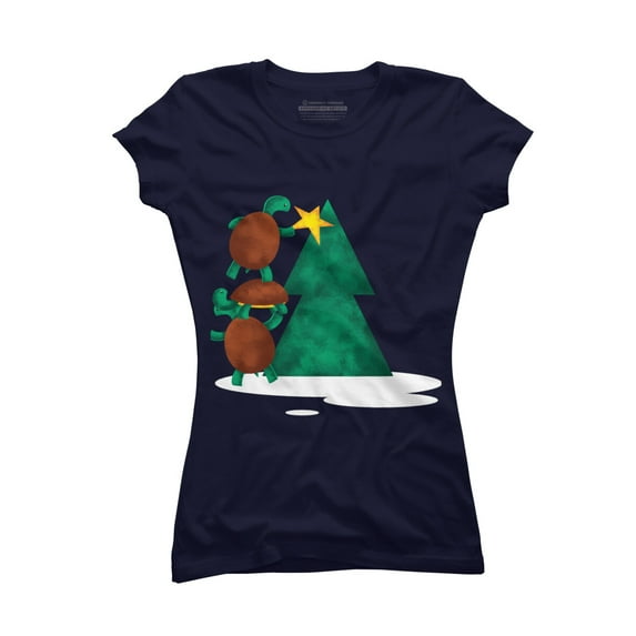 Christmas Tree Turtle Juniors Navy Blue Graphic Tee - Design By Humans M