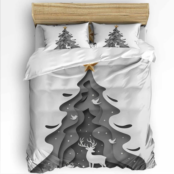 Christmas Tree Twin Size Comforter Set, Abstract Grey Trees Elk Gift Bird Star Art Soft Bedding for All Seasons, 4 Pcs Bed Set with 1 Comforter (68"x86") ,1Sheet(66"x116"), 2 Pillowcases (19"x29")