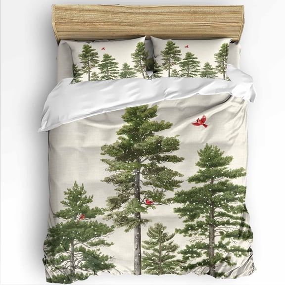 Christmas Tree Twin Size Comforter Set, Cardinal Red Bird Snowfall Snow View Rustic Soft Bedding for All Seasons, 4 Pcs Bed Set with 1 Comforter (68"x86") ,1Sheet(66"x116"), 2 Pillowcases (19"x29")