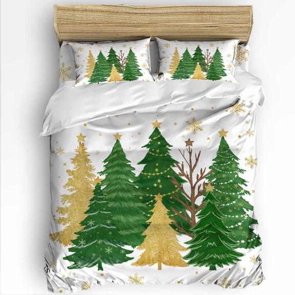 Christmas Tree Twin Size Comforter Set, Winter Snowflakes Green Gold Tree Stars Soft Bedding for All Seasons, 4 Pcs Bed Set with 1 Comforter (68"x86") ,1Sheet(66"x116"), 2 Pillowcases (19"x29")