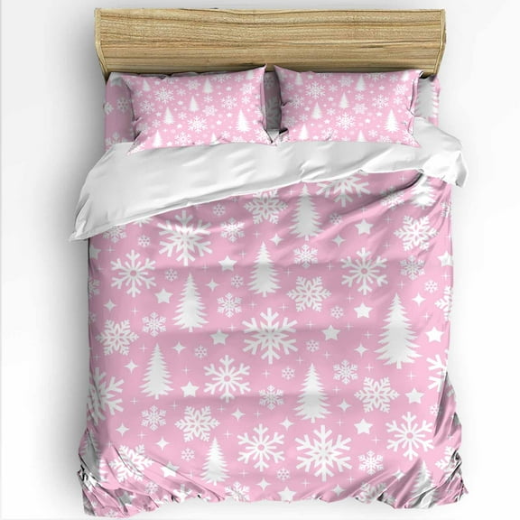 Christmas Tree Twin Size Comforter Set, Winter Snowflakes Stars White Pink Soft Bedding for All Seasons, 4 Pcs Bed Set with 1 Comforter (68"x86") ,1Sheet(66"x116"), 2 Pillowcases (19"x29")