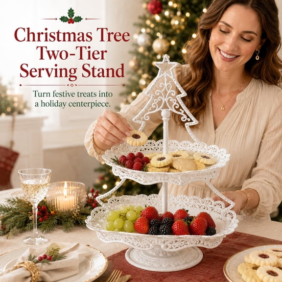 Christmas Tree Two-Tier Serving Stand,White Cupcake Dessert Tower for Holiday Party,Dessert Display Stand for Tea Party & Home Décor,Xmas Table Centerpiece,Tiered Tray for Cookies Candy Fruit
