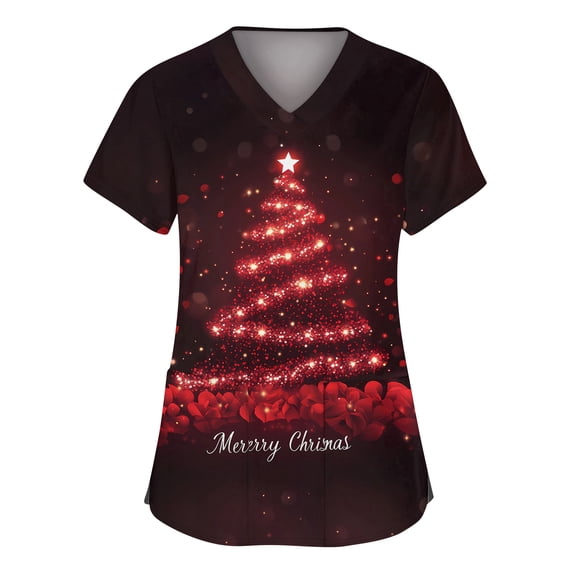 Side Slit Tee Christmas Print V-Neck Scrub Top for Women Short Sleeve Workwear with ...