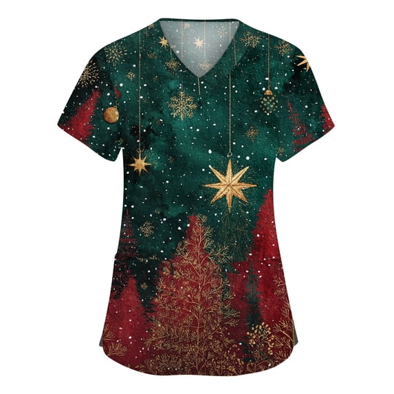 Side Slit Tee Christmas Print V-Neck Scrub Top for Women Short Sleeve Workwear with ...