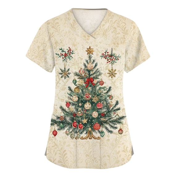 Side Slit Tee Christmas Print V-Neck Scrub Top for Women Short Sleeve Workwear with ...