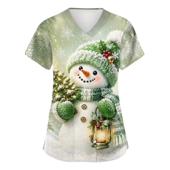 Side Slit Tee Christmas Print V-Neck Scrub Top for Women Short Sleeve Workwear with ...