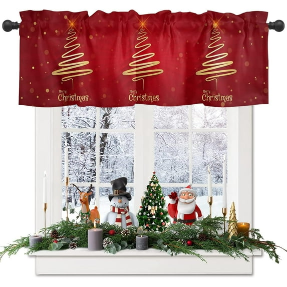Christmas Tree Valance Curtains for Kitchen Window, Merry Xmas Red Rod Pocket Valances Window Treatments Winter Holiday Decor Short Curtains for Bedroom/Living Room,54" X 18" -1 Panel