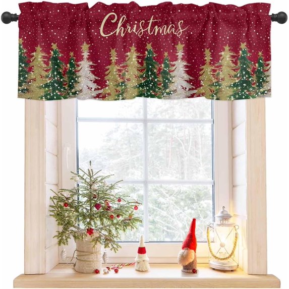 Christmas Tree Valance for Windows Pine Tree Curtains Valances Golden Snowflake Valance Window Treatments Red Short Curtains for Kitchen Living Room Bedroom Bathroom Xmas Holiday Decor 54x18 Inch