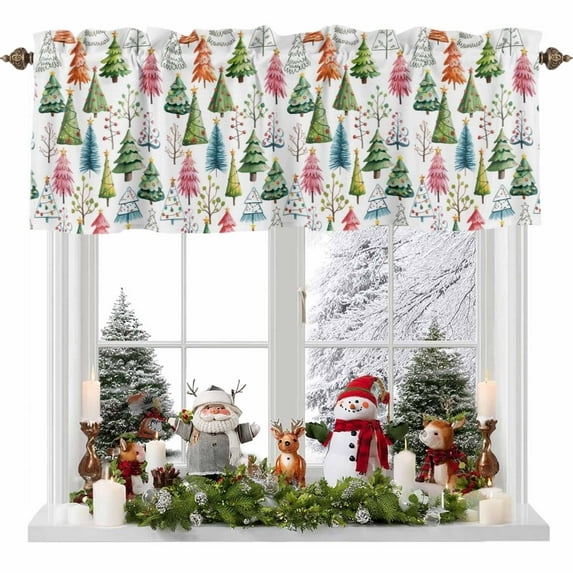 Christmas Tree Valances for Windows, 54 x 18in, Green Pink Blue Trees Winter Plant Rod Pocket Kitchen Valance Curtain Light Filtering Window Treatments for Living Room Bedroom, 1 Panel