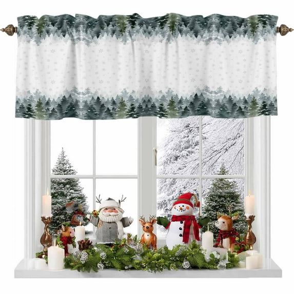 Christmas Tree Valances for Windows, 54 x 18in, Watercolor Green Tree Winter Snowflake Rod Pocket Kitchen Valance Curtain Light Filtering Window Treatments for Living Room Bedroom, 1 Panel