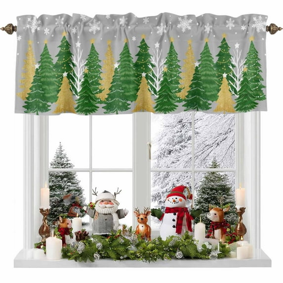 Christmas Tree Valances for Windows, 54 x 18in, Winter Snowflakes Green Gold Tree Grey Bottom Rod Pocket Kitchen Valance Curtain Light Filtering Window Treatments for Living Room Bedroom, 1 Panel