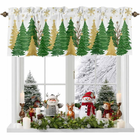 Christmas Tree Valances for Windows, 54 x 18in, Winter Snowflakes Green Gold Tree Stars Rod Pocket Kitchen Valance Curtain Light Filtering Window Treatments for Living Room Bedroom, 1 Panel