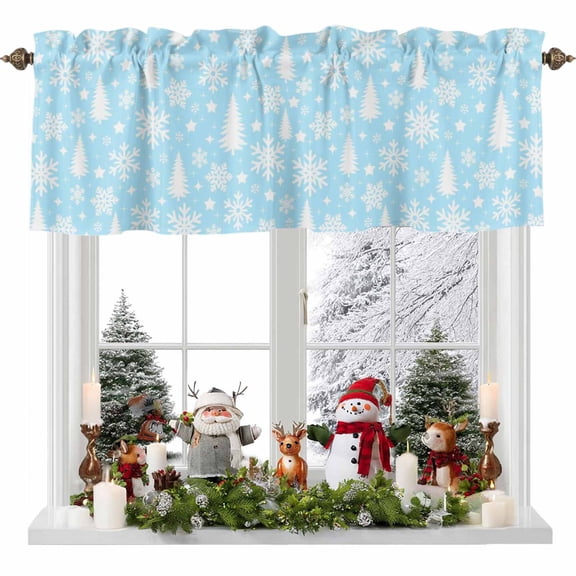 Christmas Tree Valances for Windows, 54 x 18in, Winter Snowflakes Stars White Pale Blue Rod Pocket Kitchen Valance Curtain Light Filtering Window Treatments for Living Room Bedroom, 1 Panel