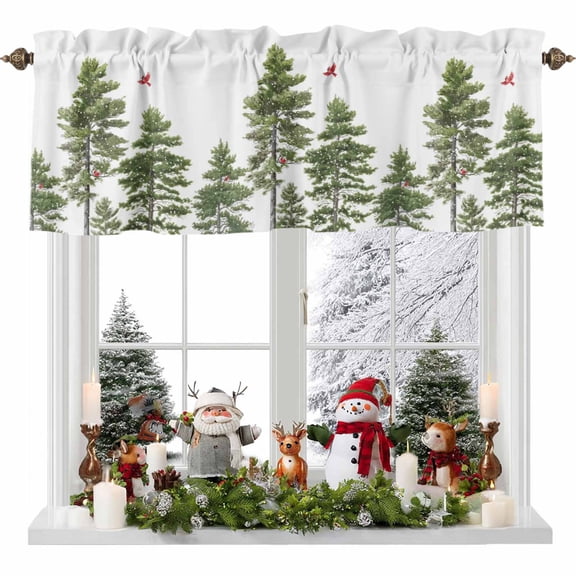 Christmas Tree Valances for Windows, Cardinal Red Bird Snowfall Snow View Rod Pocket Valance Short Window Treatments Curtains for Kitchen Bathroom Bedroom Decor, 60 x 18 In