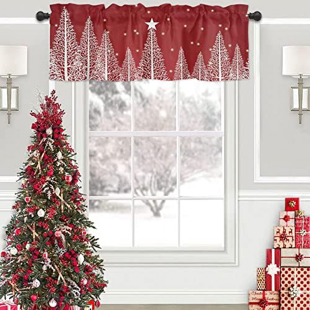 Christmas Tree Valances Windows Curtain Winter Snowscape Red Kitchen