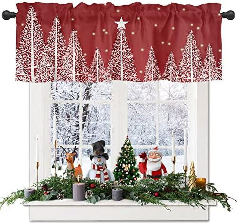 Christmas Tree Valances Windows Curtain Winter Snowscape Red Kitchen