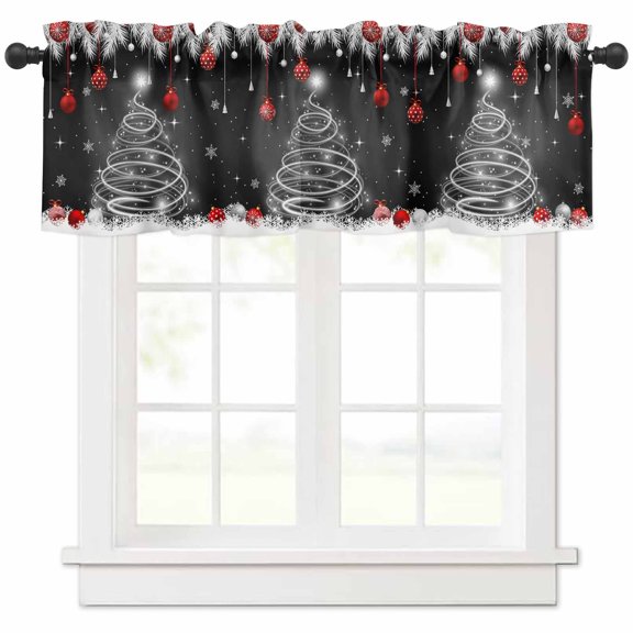 Christmas Tree Valances for Windows, Fir Leaf Xmas Balls Light Filtering Window Treatment Valances, Rod Pocket Small Curtains for Kitchen/Bathroom, 54"x18"