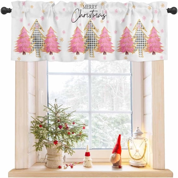 Christmas Tree Valances for Windows Kitchen Curtains Buffalo Plaid Rod Pocket Window Valance, Pink Holiday Short Topper Window Curtain Treatment for Living Room Bedroom, 1 Panel, 54 by 18 in
