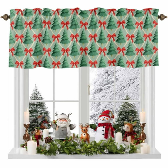 Christmas Tree Valances for Windows, Red Butterflies Winter Retro Light Green Texture Rod Pocket Valance Short Window Treatments Curtains for Kitchen Bathroom Bedroom Decor, 42 x 12 In