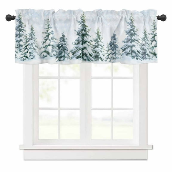 Christmas Tree Valances for Windows Winter Snow Scene Pine Trees Forest Farmhouse Rod Pocket Curtain Valance Window Treatment Short Curtains for Kitchen Living Room, 60"x14"