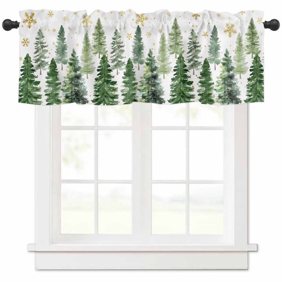 Christmas Tree Valances for Windows, Winter Xmas Green Pine Tree Forest Snowflakes Light Filtering Window Treatment Valances, Rod Pocket Small Curtains for Kitchen/Bathroom, 56"x16"