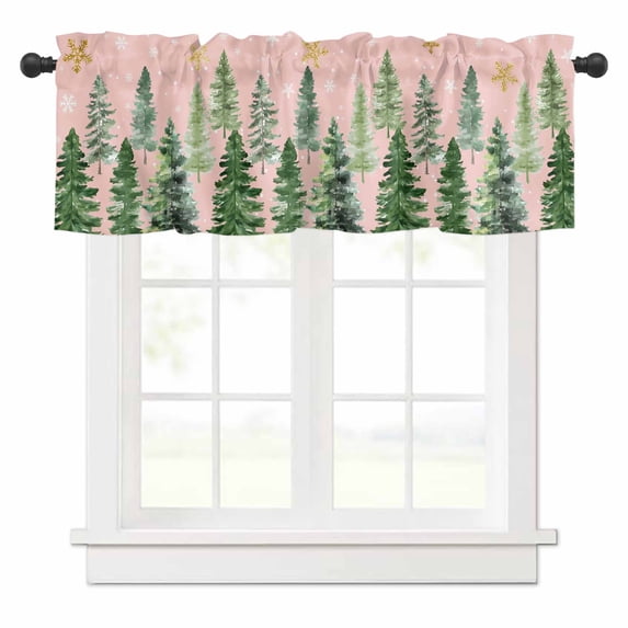 Christmas Tree Valances for Windows Winter Xmas Pine Tree Forest Snowflakes Pink Rod Pocket Curtain Valance Window Treatment Short Curtains for Kitchen Living Room, 60"x14"
