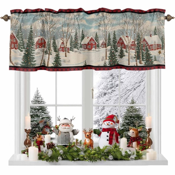 Christmas Tree Vintage Farmhouse Winter Snow Scene Valances for Windows,Kitchen Valance Rod Pocket Short Curtain,Retro Linen Valance Curtain Window Valances for Bedroom 54x18in