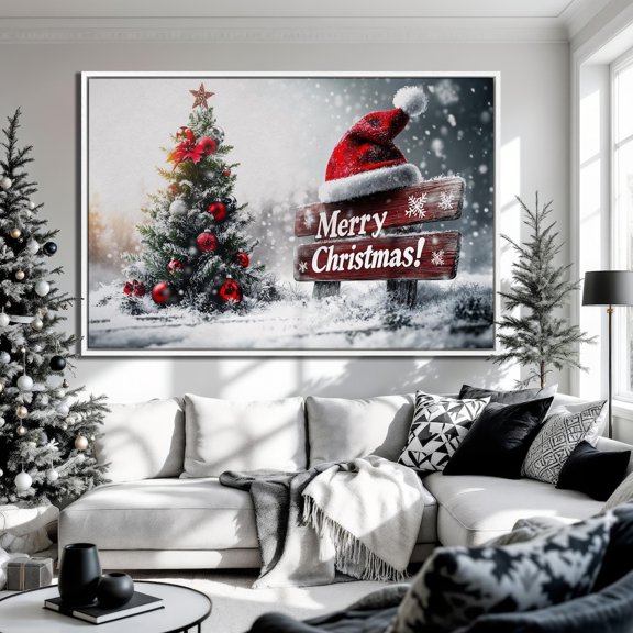 Christmas Tree Wall Art Merry Christmas And Santa Hat Print Snowfall Festive Symbol Decor Gift Ready To Hang #124, Unframed Poster Size 12x18