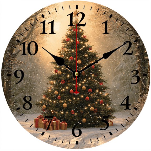 Christmas Tree Wall Clock, 9.84 Inch Battery Operated Analog Clock, Easy to Read Numbers, Winter Snow Holiday Decor for Living Room Bedroom Kitchens