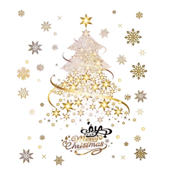 Christmas Tree Wall Decal with Printed Gold Star, Snowflake and Merry Christmas Pattern, Removable Peel and Stick Sticker for Walls and Glass, Festive Holiday Home Decoration 2