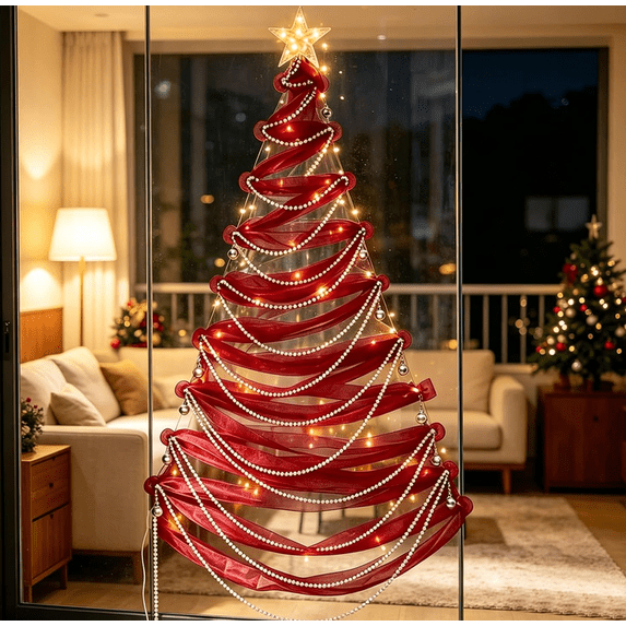 Medical Service Ribbon Christmas Tree Wall Decor Set with Ribbon and String Lights, Burgundy ...