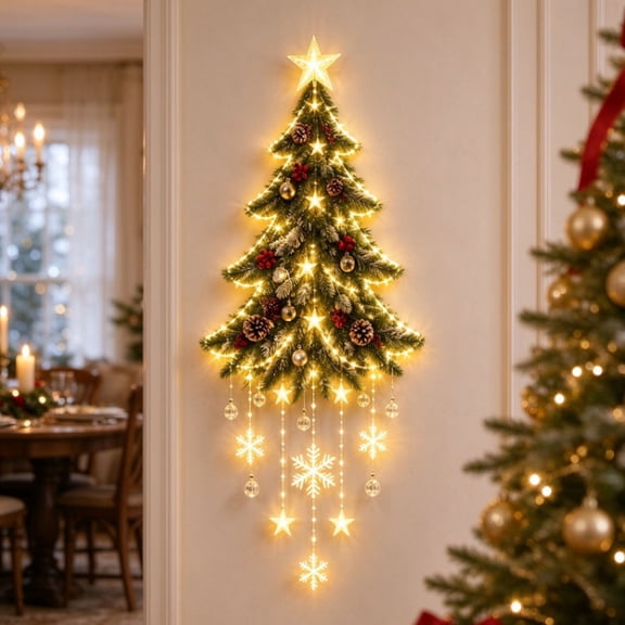 Christmas Tree Wall Decoration, 39" Sparkling Starlight Xmas Tree Waterfall Wall Decor, Christmas Indoor Home Decorations, Suitable for Living Room Bedroom Hallway Fireplace Ornament
